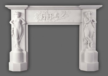 Neoclassical styling marks the Canova marble mantel.  Antonio Canova inspired Dancing Girls, and a center freize depicting goddess of dawn Aurora leading sun god Apollo. Available in White Limestone.