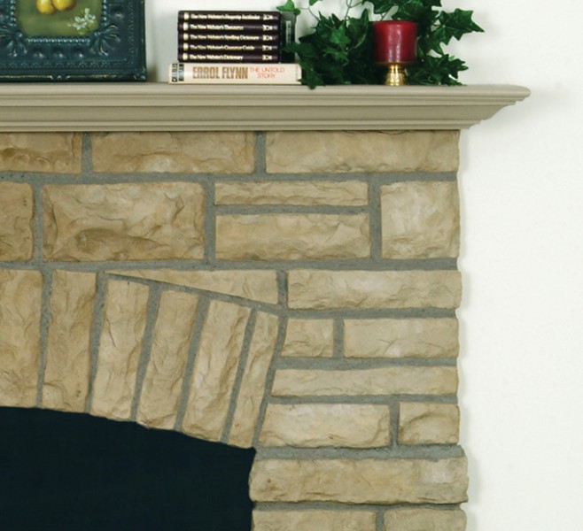 the Arch stone mantel with wood shelf.