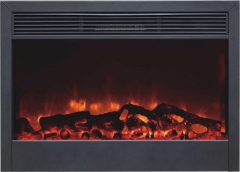 A closeup of our SD45" Electric Fireplace, featuring electric 'flame' technology. This is a two stage space heater (5,000 Btu's at High) that comes with a multi0function hand-held remote control. Inserts into a cabinet, a mantel or into the wall. Approximately 46" wide.