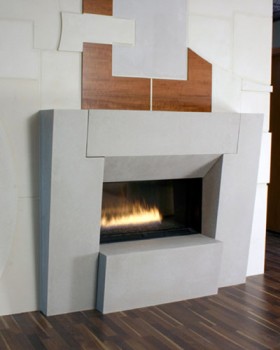 The 53 1/2" high stone mantel is available in four colors, two opening widths and two overall heights