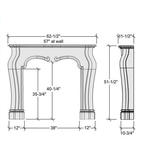 Specifications for the Degaul cast stone mantel.