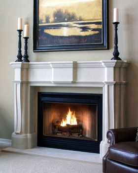 The Monticello cast fireplace mantel looks like natural limestone.