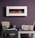 A beautiful white limestone fireplace facing allows this electric fireplace to fit well with almost any decor.