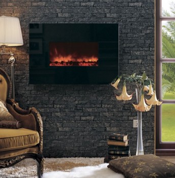 The popularly priced 38" wall mounted electric fireplace has a Crystal Black facing as standard equipment, or you may order it with optional natural stone Facing Frames to customize your room.