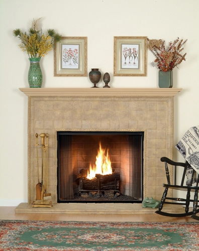 Italian Tile with beautiful detail brings subtle Tuscan design elegance to your fireplace mantel.  Stone Hearth and wood mantel shelf included.