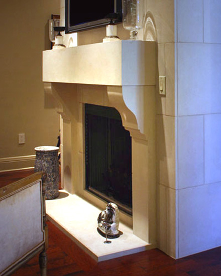 The Corbel stone fireplace mantel shown with optional hearth.